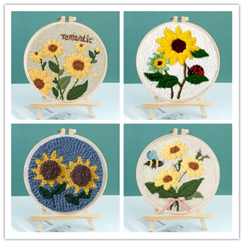 DIY Embroidery Kits For Beginner Craft Punch Needle Set Rug for Starter Kits with Stamped Sunflower Pattern Fabric Yarn Hoop