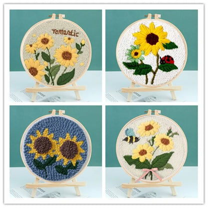 DIY Embroidery Kits For Beginner Craft Punch Needle Set Rug for Starter Kits with Stamped Sunflower Pattern Fabric Yarn Hoop